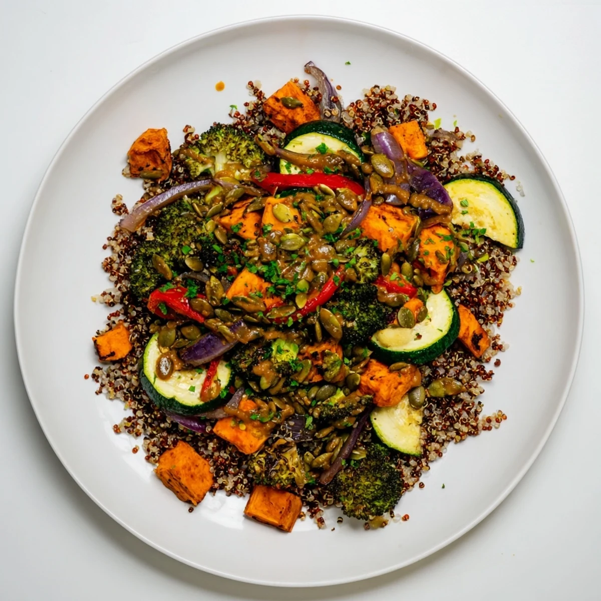 This beautiful quinoa bowl features tender roasted seasonal veggies, ready to be enjoyed!