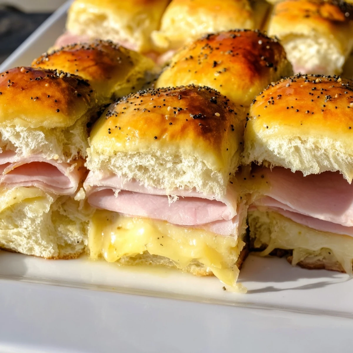 Baked Ham and Cheese Party Sliders, golden-brown and bubbling, perfect for your next game day spread.