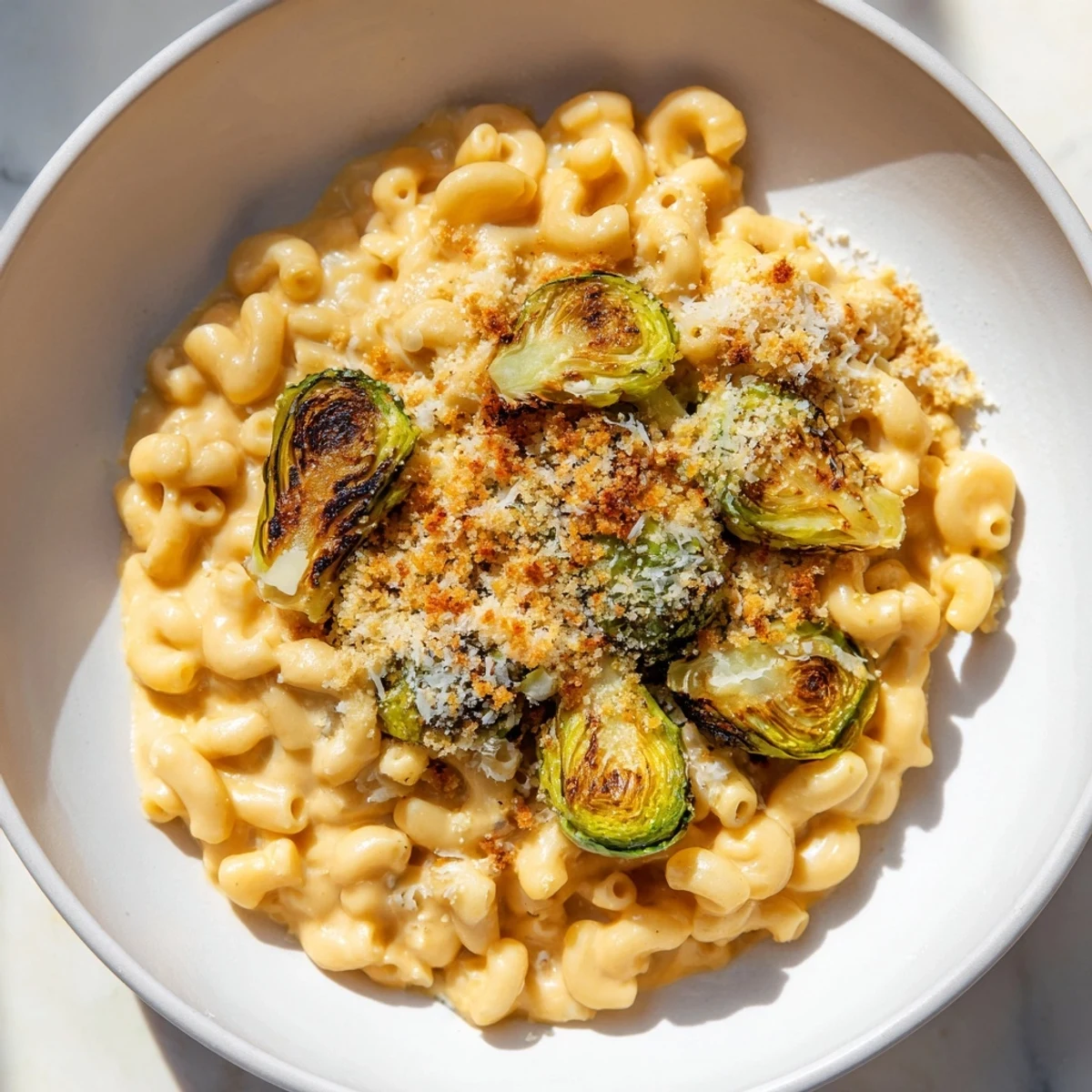 A sheet pan mac and cheese with golden, bubbly cheese and roasted Brussels sprouts is ready to serve.