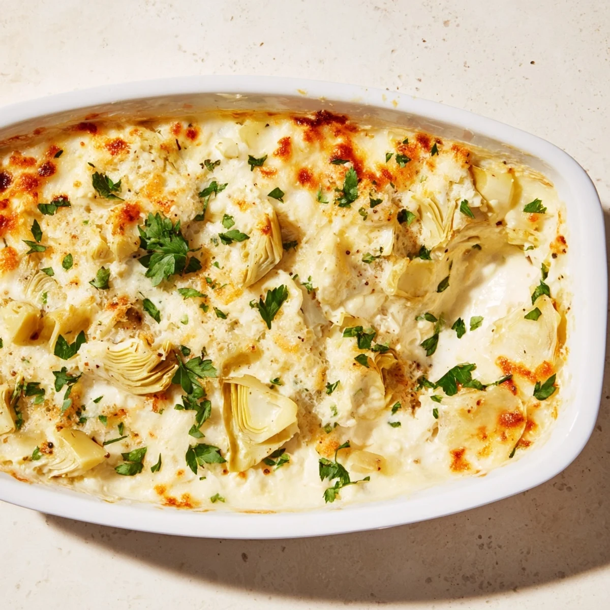 This creamy Baked Artichoke Dip, filled with artichoke hearts, is ready for your party platter.