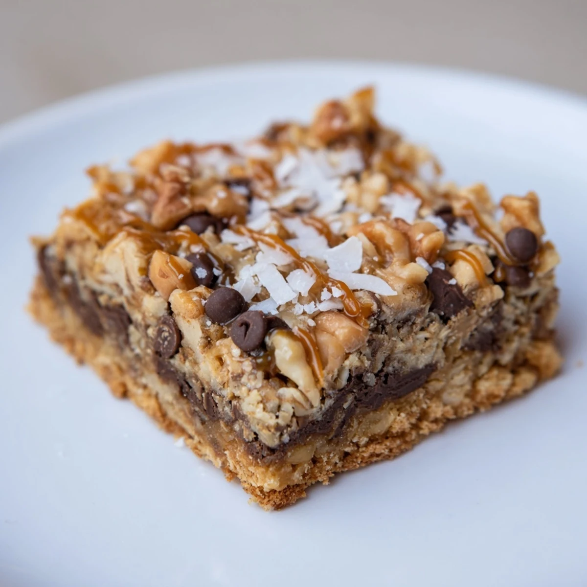 Golden and gooey 7-Layer Magic Bars topped with a luscious salted caramel drizzle—a delicious dessert.