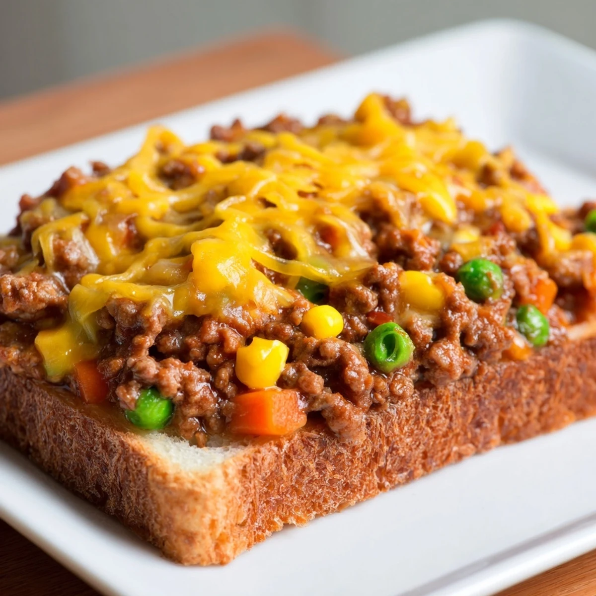 A close-up of the delicious 5-Ingredient Sloppy Joe Casserole: bread, beef, and cheese.