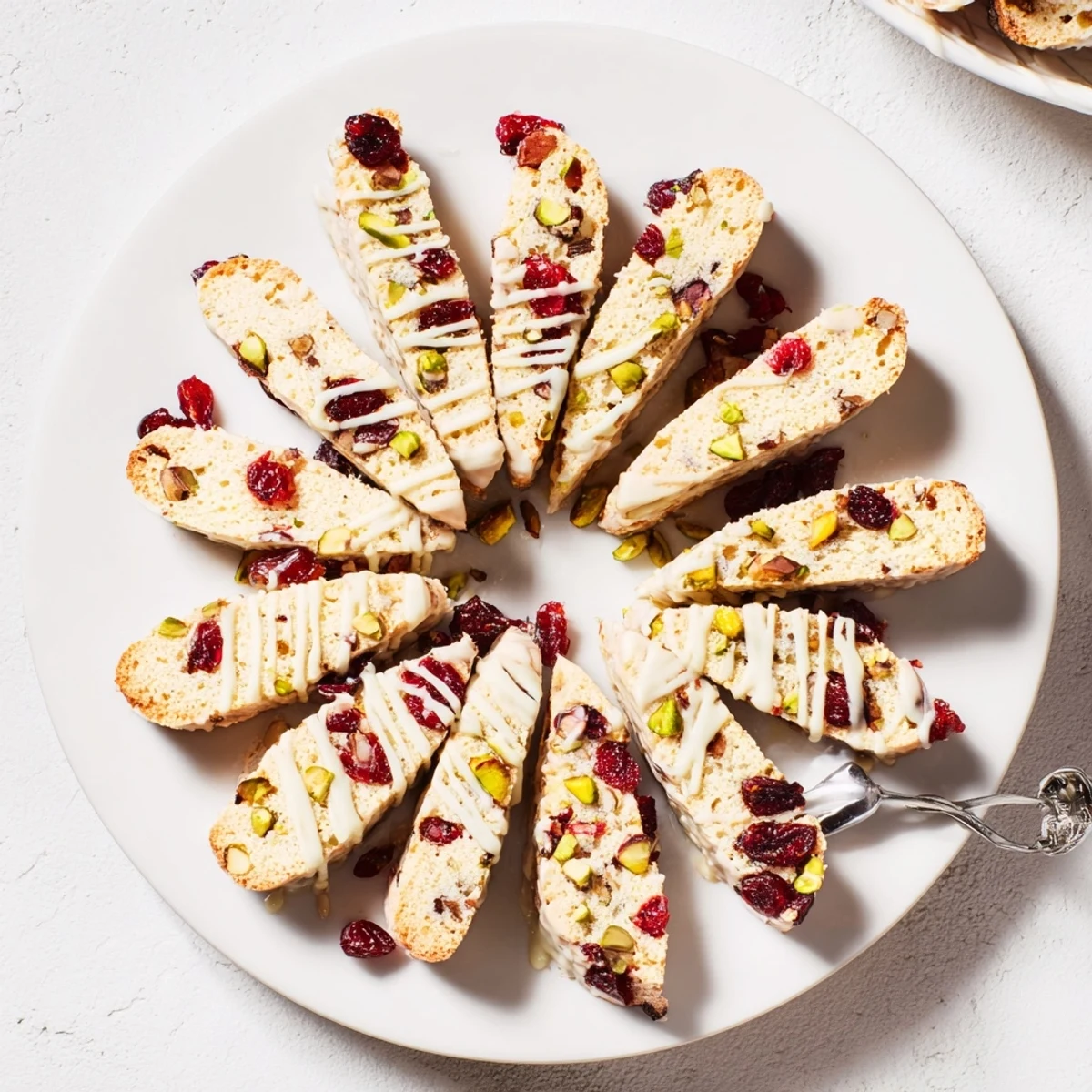 Golden, crispy White Chocolate Cranberry Pistachio Biscotti ready to serve, a delicious Italian cookie.