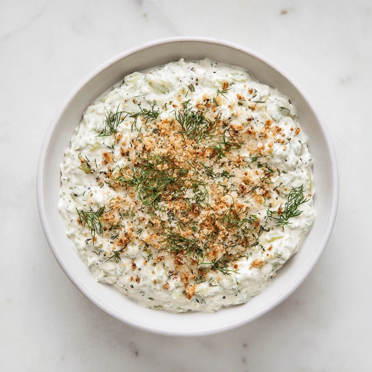 Creamy Fried Pickle Dip, ready to serve with crunchy chips and fresh dill garnish on top.
