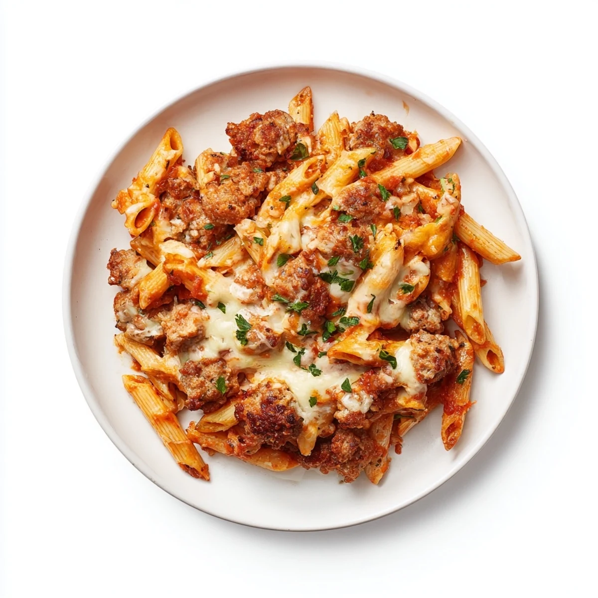 Golden, bubbly Budget Sausage and Cheese Pasta Bake with melted cheese and savory sausage.