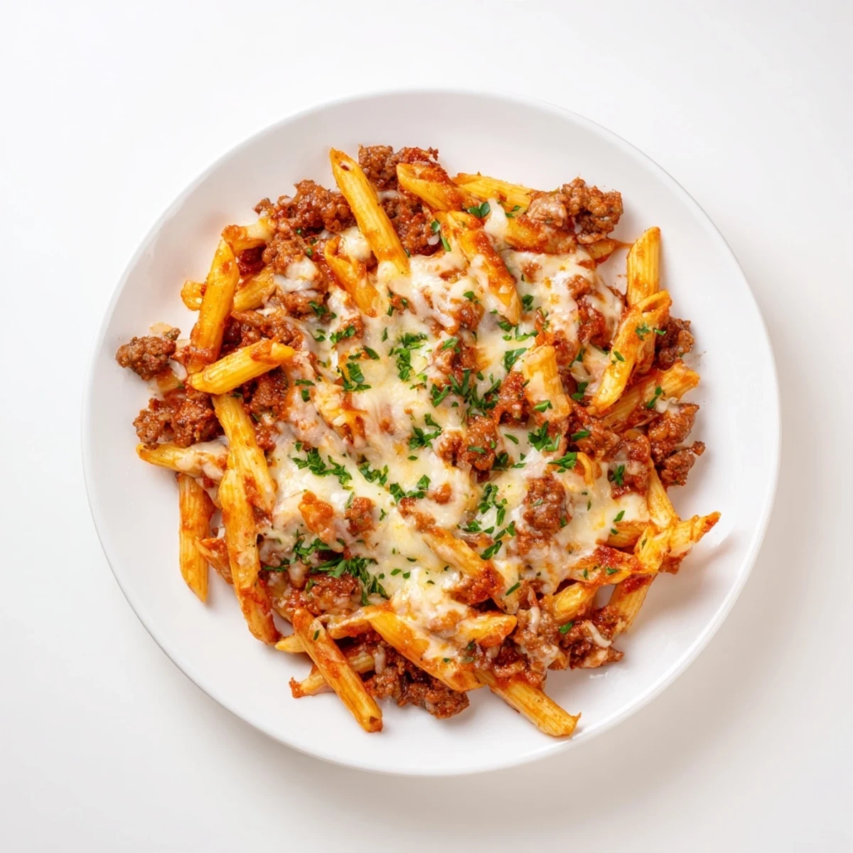 Close-up of a Budget Sausage and Cheese Pasta Bake, showing the melty cheese and tender pasta.