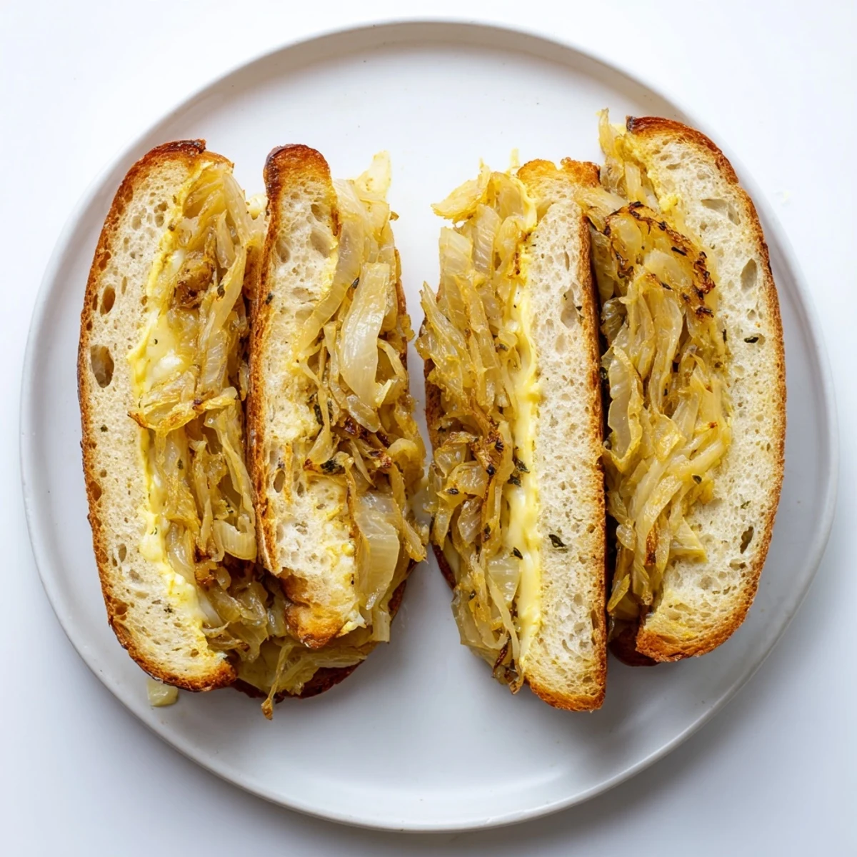 Cheesy, gooey layers of French Onion Grilled Cheese, with caramelized onions visible, ready to be devoured.