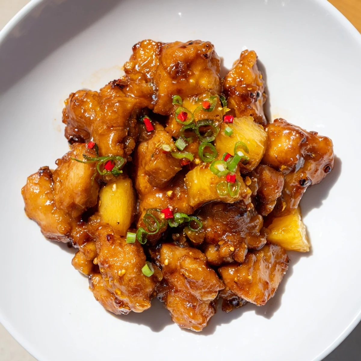 Vibrant image of Brown Sugar Pineapple Chicken, showcasing the sticky, caramelized glaze and tropical flavors.
