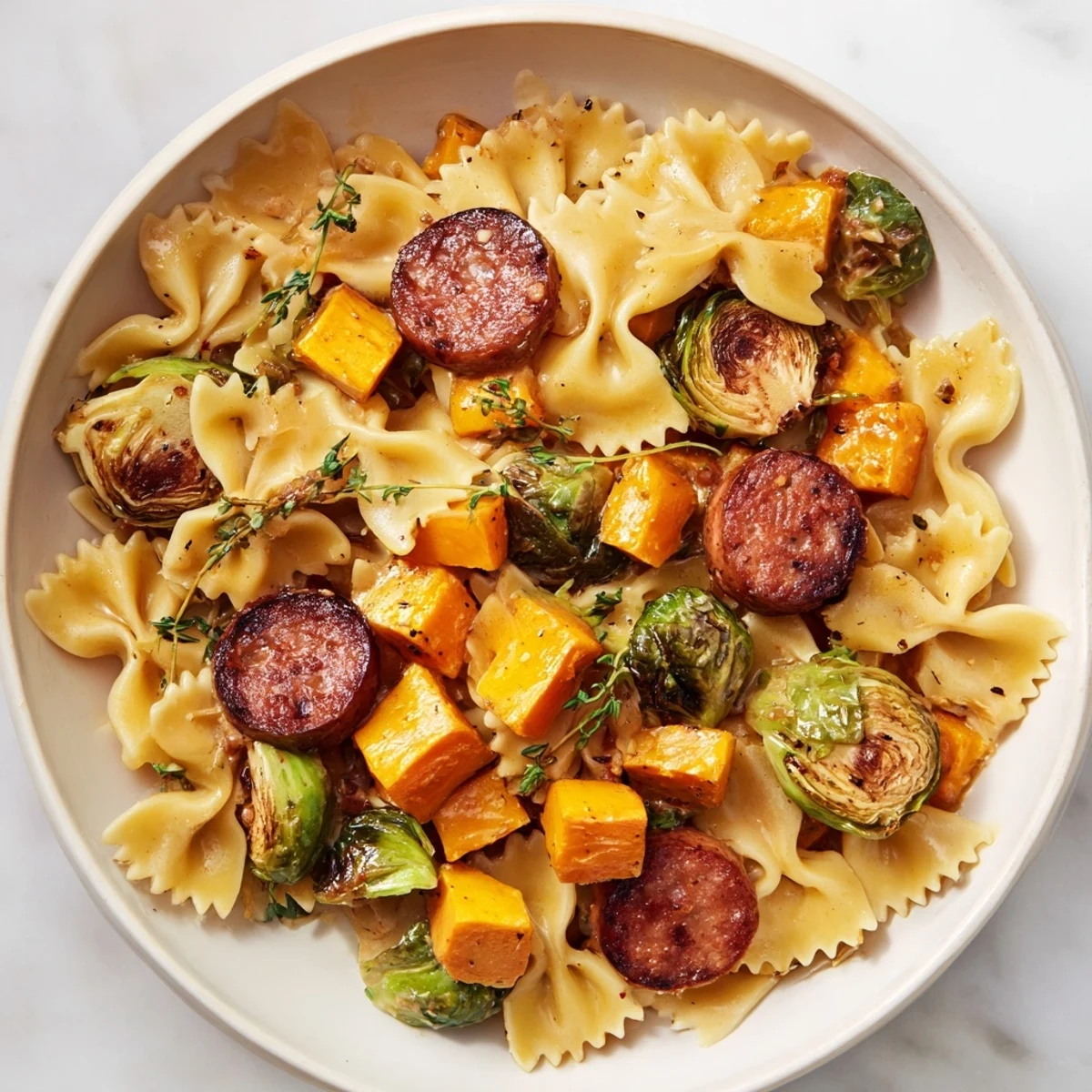 Vibrant Autumn Sausage Pasta Squash with roasted squash, sausage coins, and bow tie pasta.