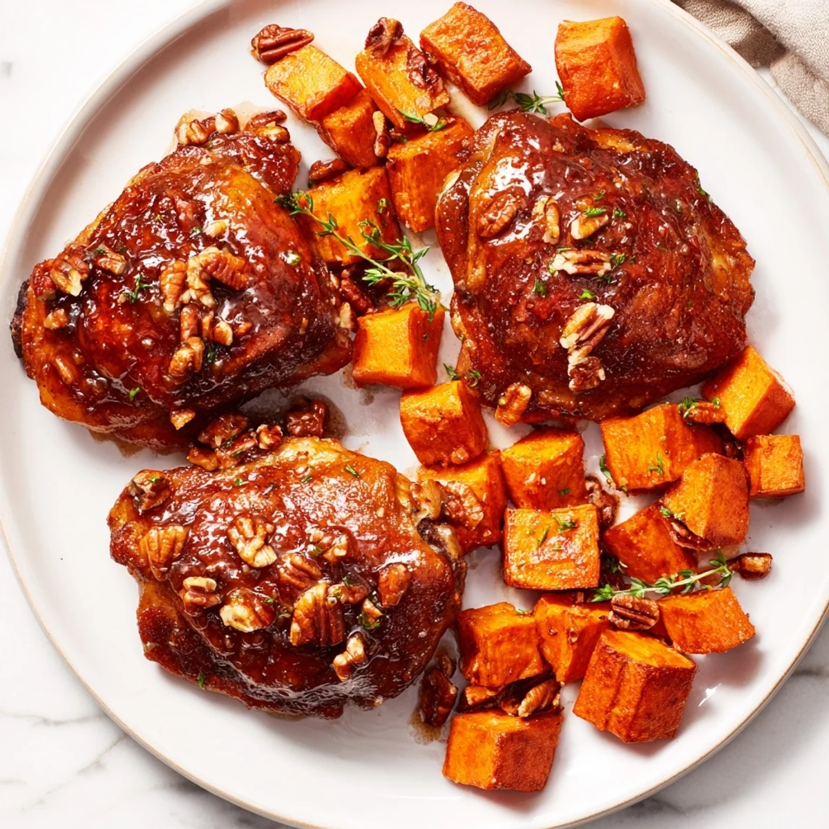 Golden-brown maple glazed chicken with sweet potatoes, glistening and aromatic from the oven, ready to serve.