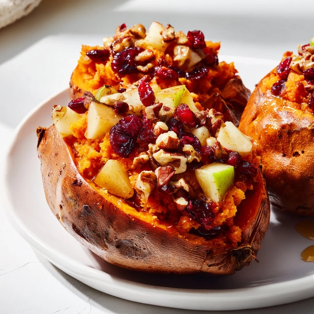 Vibrant image shows steaming Cranberry Apple Twice-Baked Sweet Potatoes, bursting with fall flavors and sweet goodness.