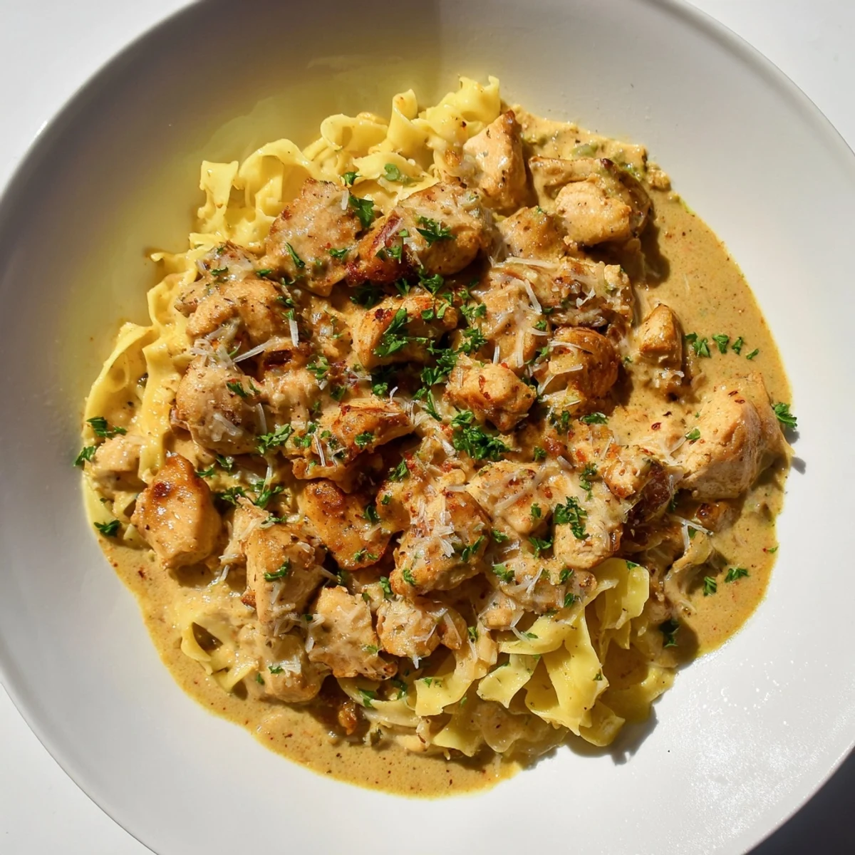 Creamy Cowboy Butter Chicken Pasta: a close-up shows the rich sauce coating perfectly cooked pasta and chicken.