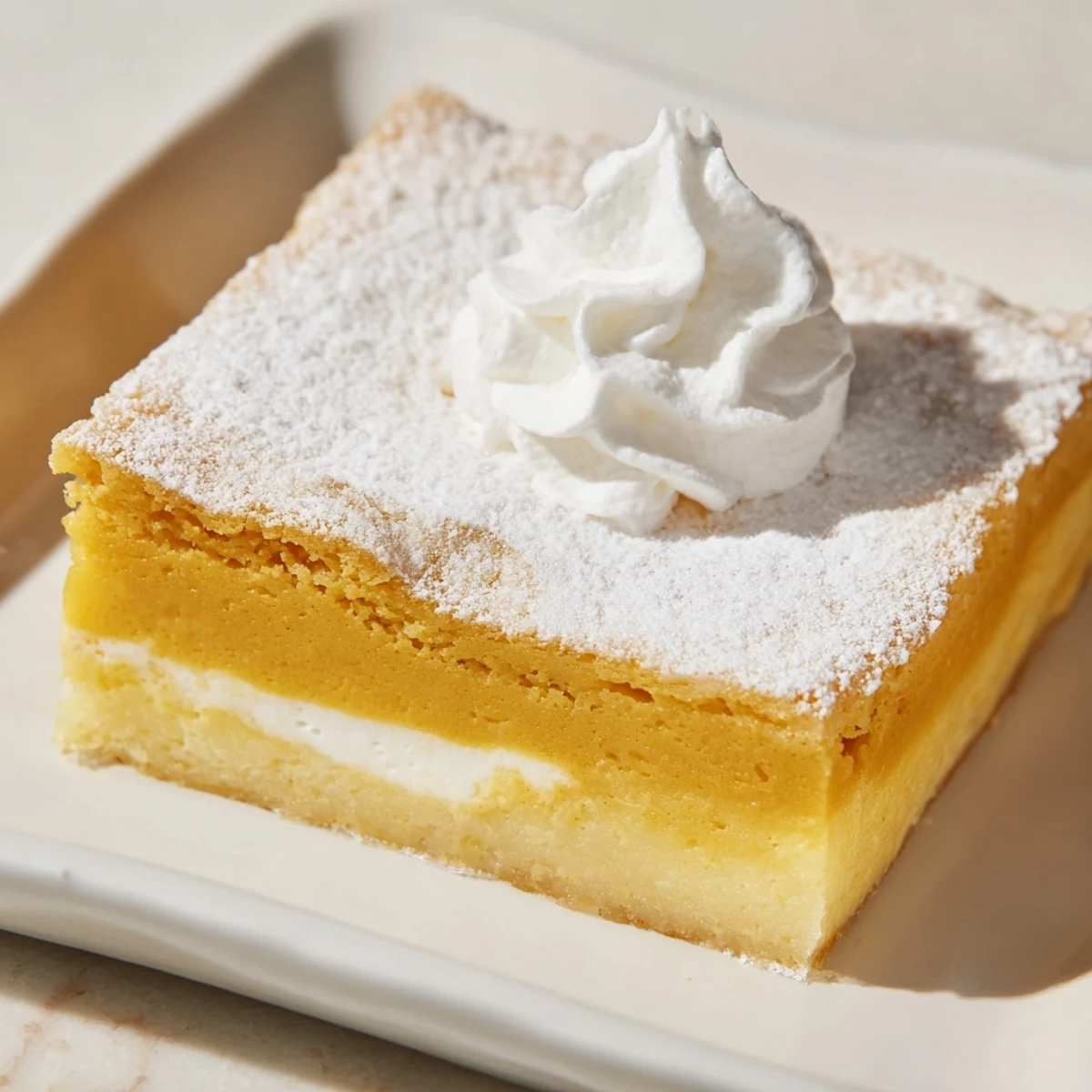 Golden-brown Simplified Pumpkin Magic Cake with creamy custard layers; a perfect autumn dessert.