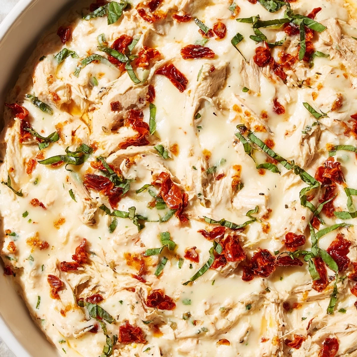 Creamy and savory, this warm Lightened Marry Me Chicken Dip is served with fresh herbs and crackers.