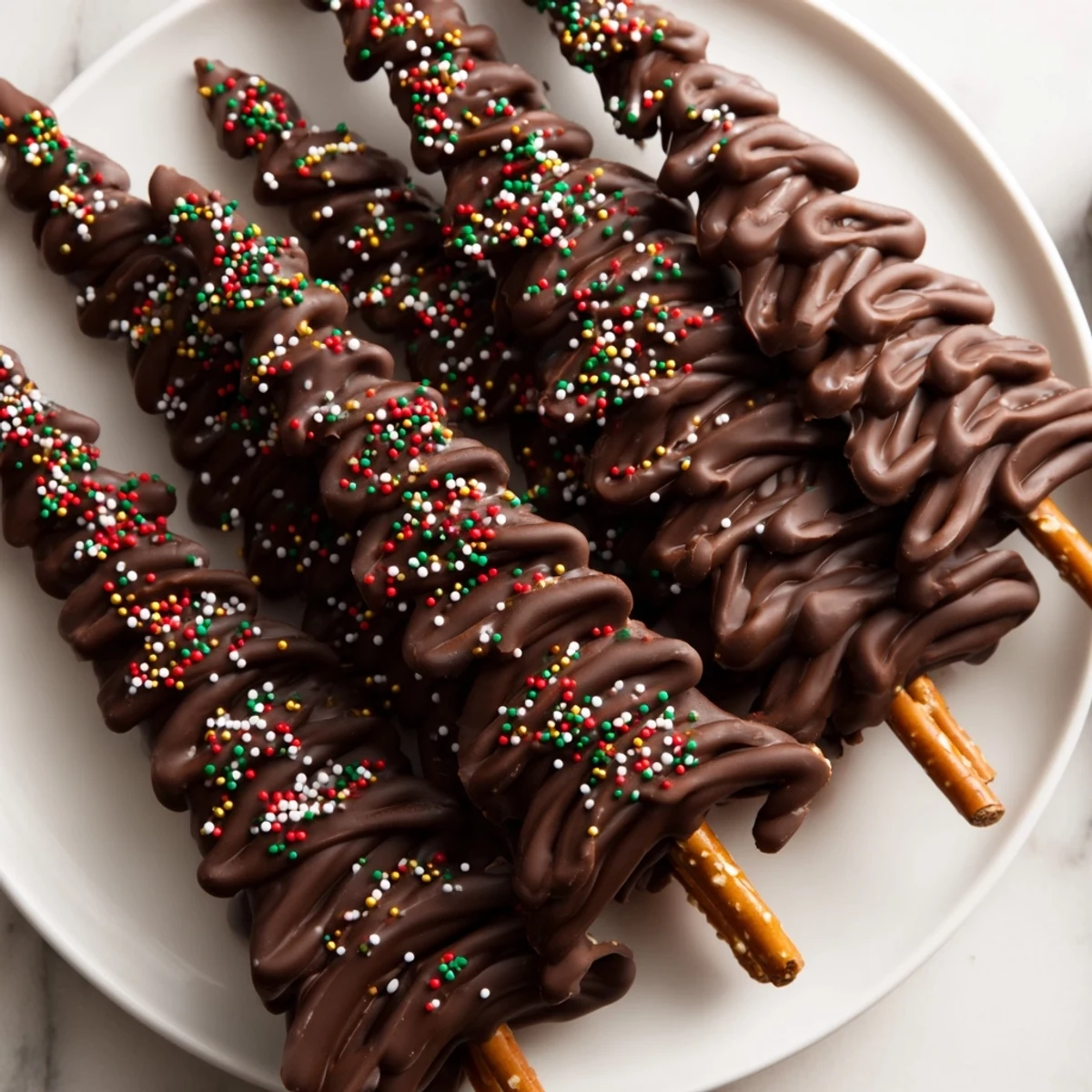 Homemade Express Chocolate Christmas Trees with pretzel trunks and sparkling sugar; perfect for the holidays.