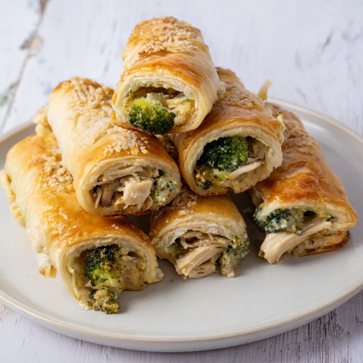 Golden, flaky Creamy Chicken and Broccoli Puff Pastry Rolls, freshly baked and ready to eat, served delightfully warm.