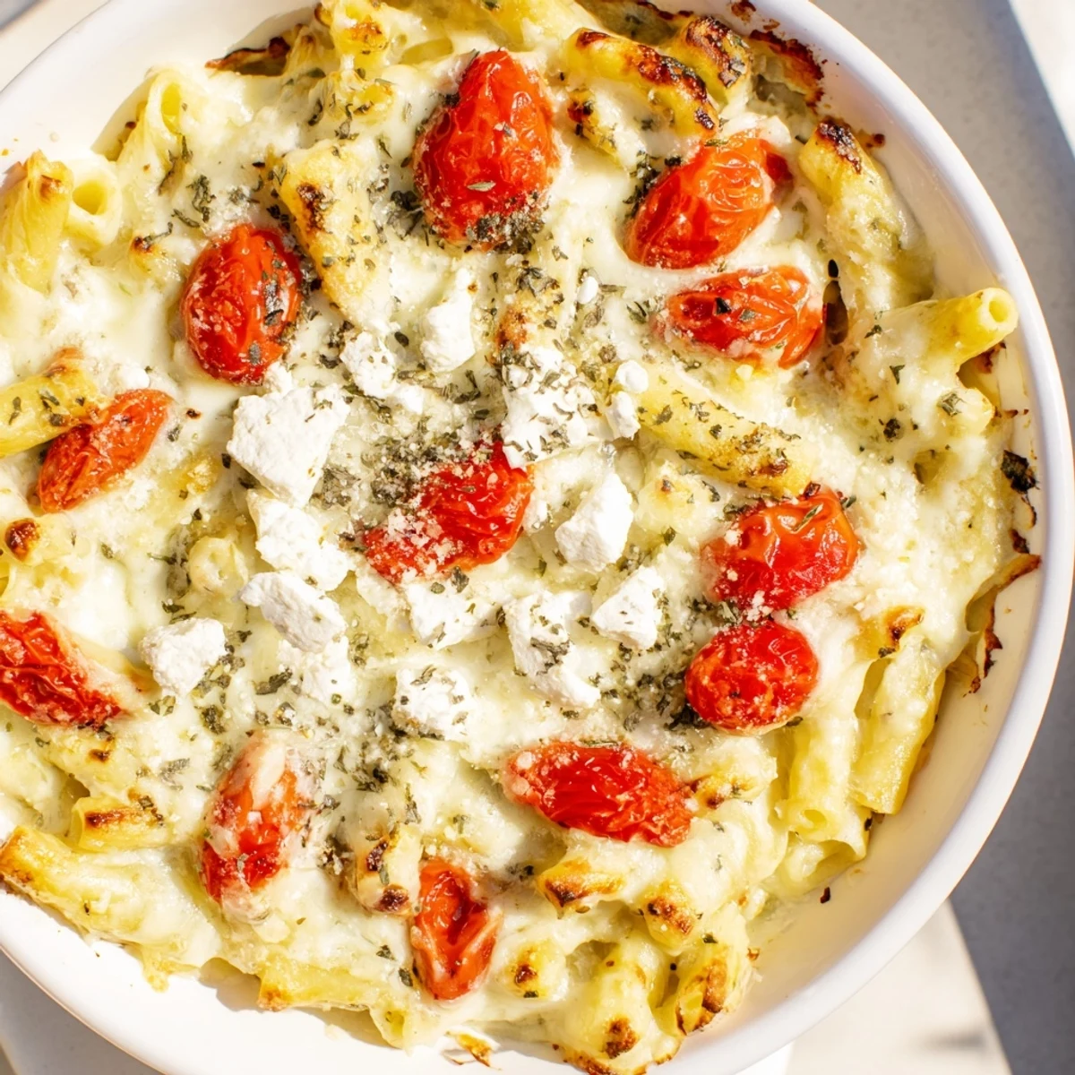 Four-Cheese Baked Block Pasta with bubbly cheese and roasted tomatoes, a perfect vegetarian meal.