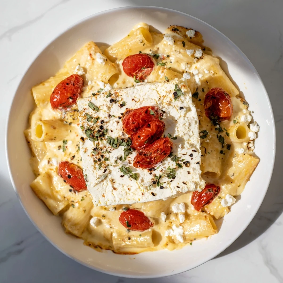 Imagine a dish of Four-Cheese Baked Block Pasta, richly flavored with herbs, served piping hot.