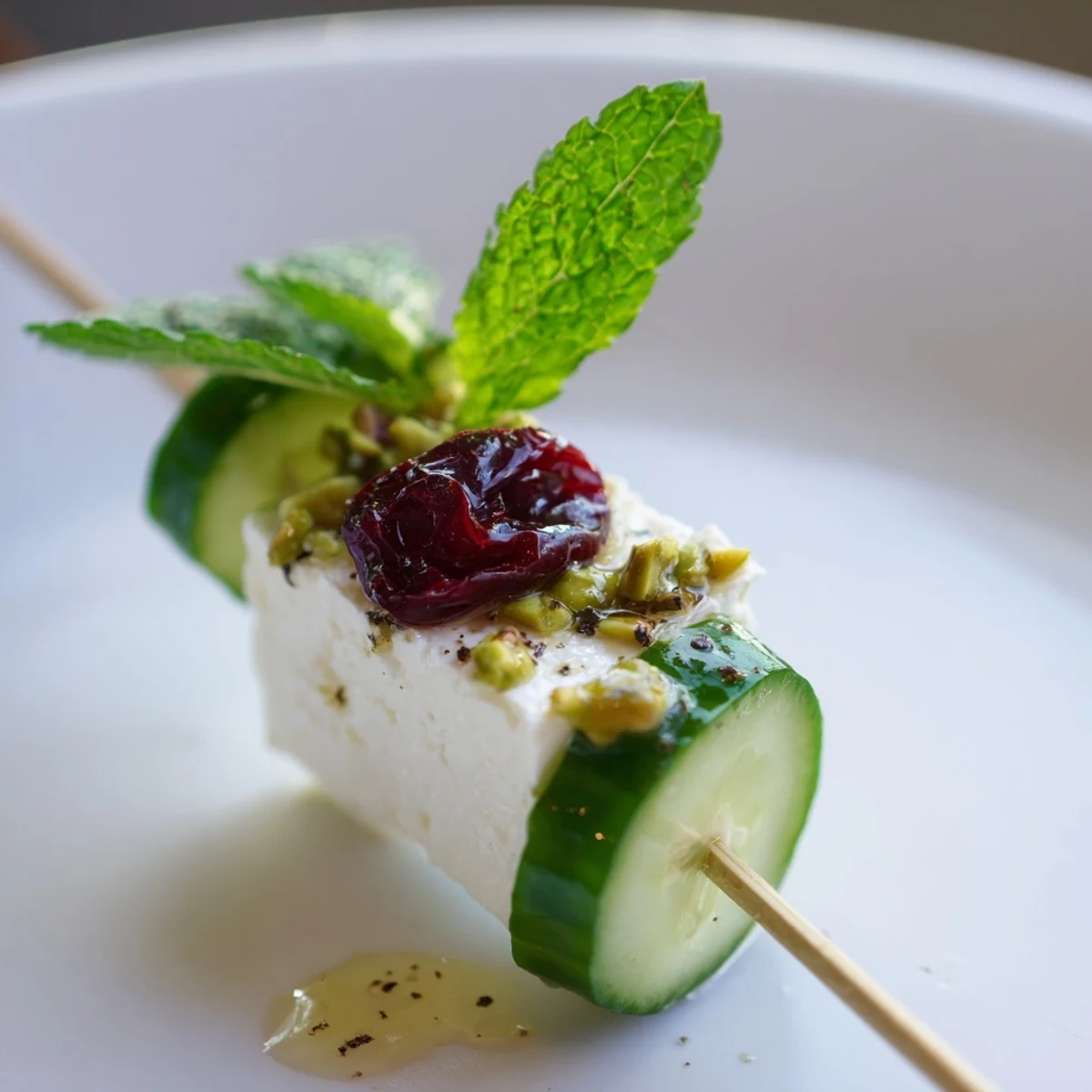 Honey-glazed Holiday Cranberry-Feta Skewers: a beautiful appetizer with feta cheese, cucumber and berries.