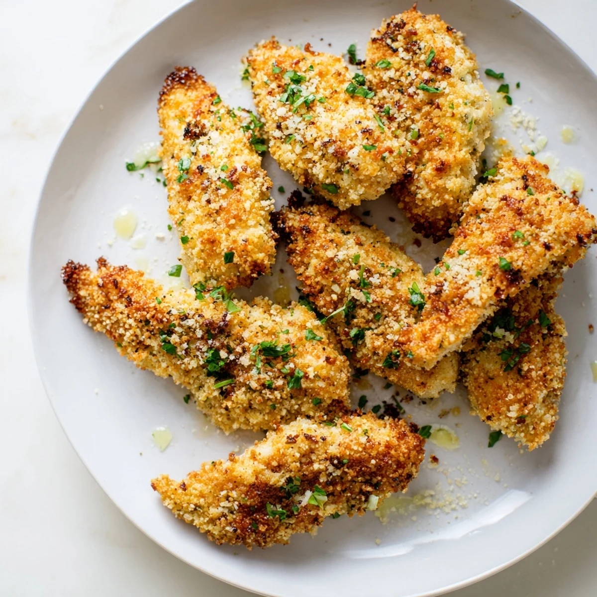 Oven-baked Garlic Parmesan Chicken Tenders, beautifully browned and coated in flavorful, cheesy breading.