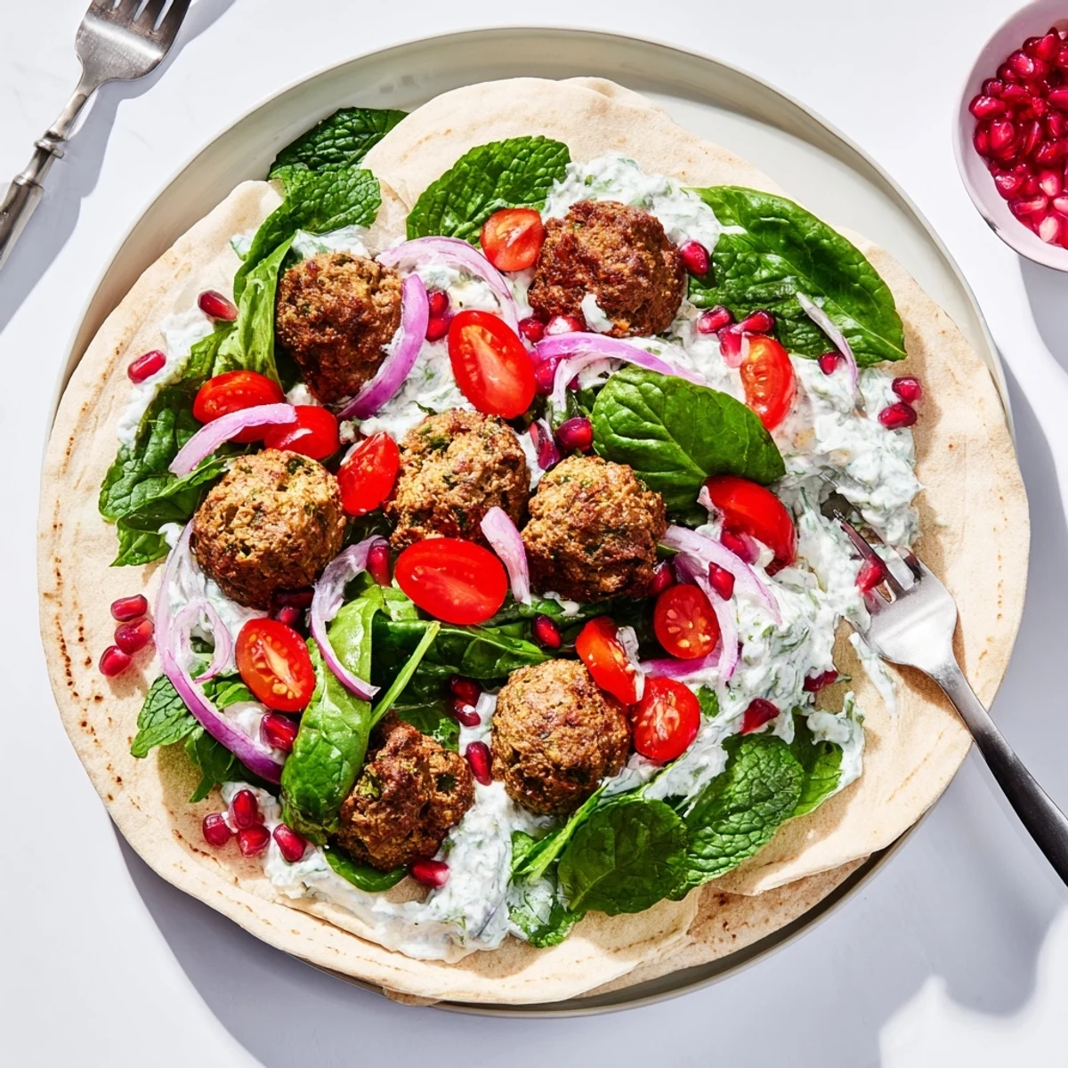 Festive Falafel & Tzatziki Christmas Wreath Wrap, a colorful and delicious vegetarian holiday main course.