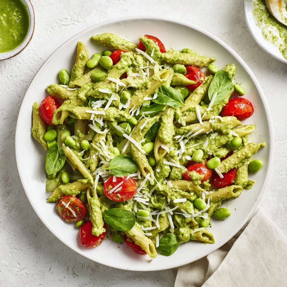 One-pot creamy pesto pea protein pasta with vibrant green peas and fresh cherry tomatoes.