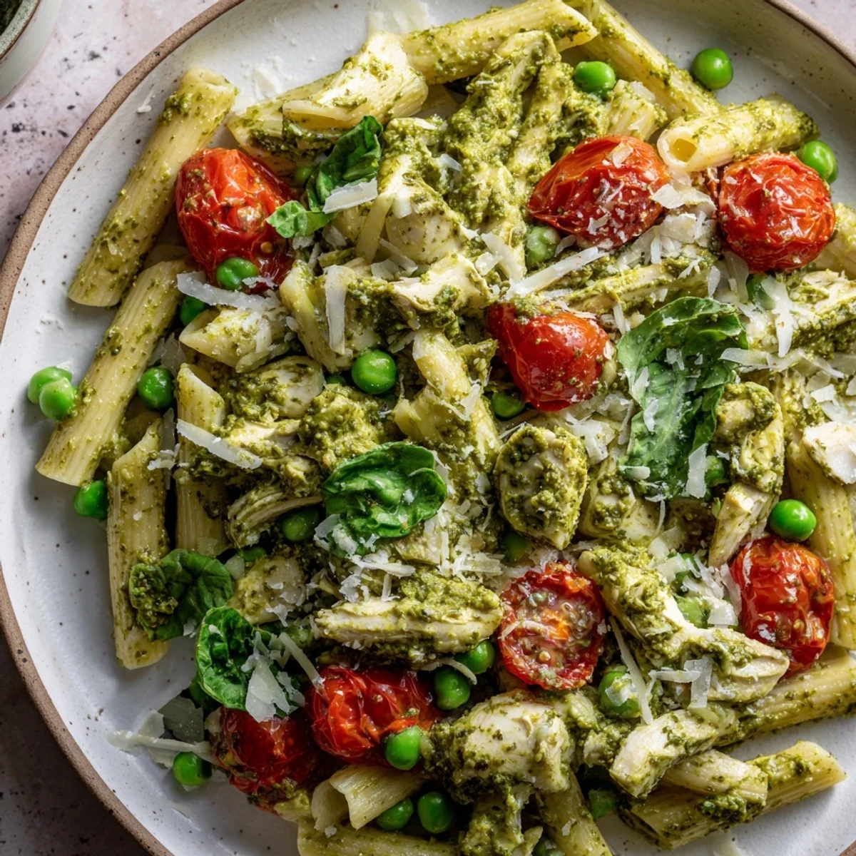 A steaming bowl of one-pot creamy pesto pea protein pasta, perfect for a cozy weeknight meal.