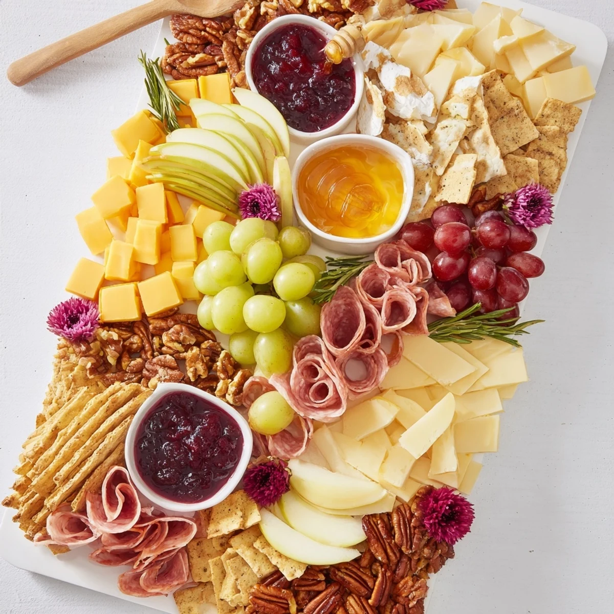 A beautifully arranged Maple Leaf Grazing Tray, overflowing with colorful fruits, cheeses, and meats.