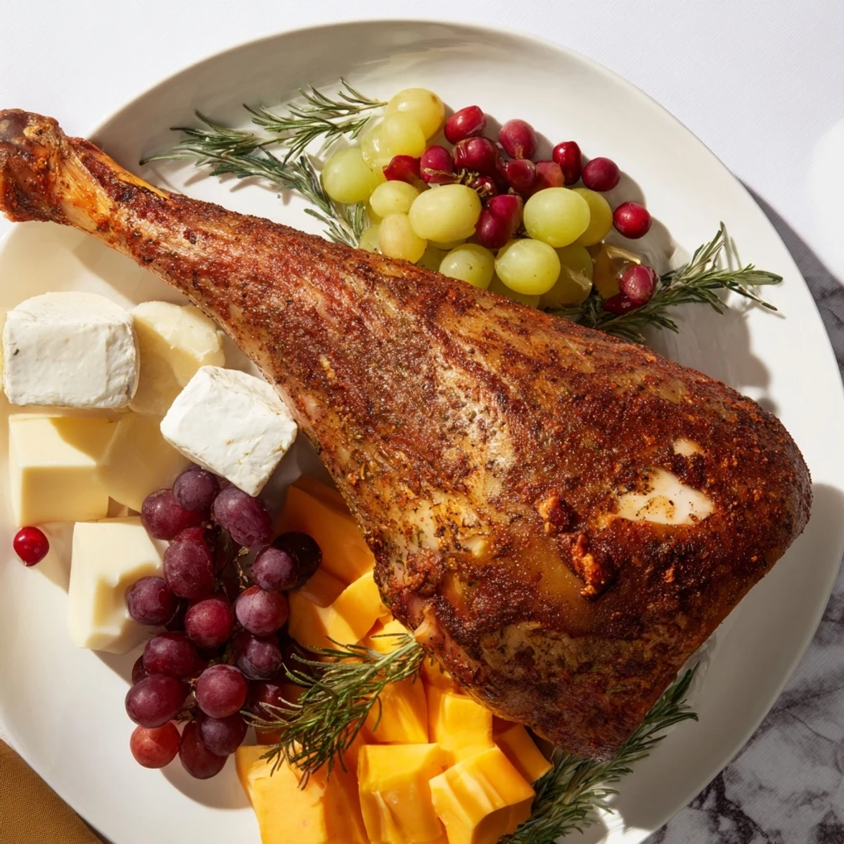 A charcuterie board teeming with fruits, cheeses, and cured meats surrounding the star, Thanksgiving Turkey Legs.