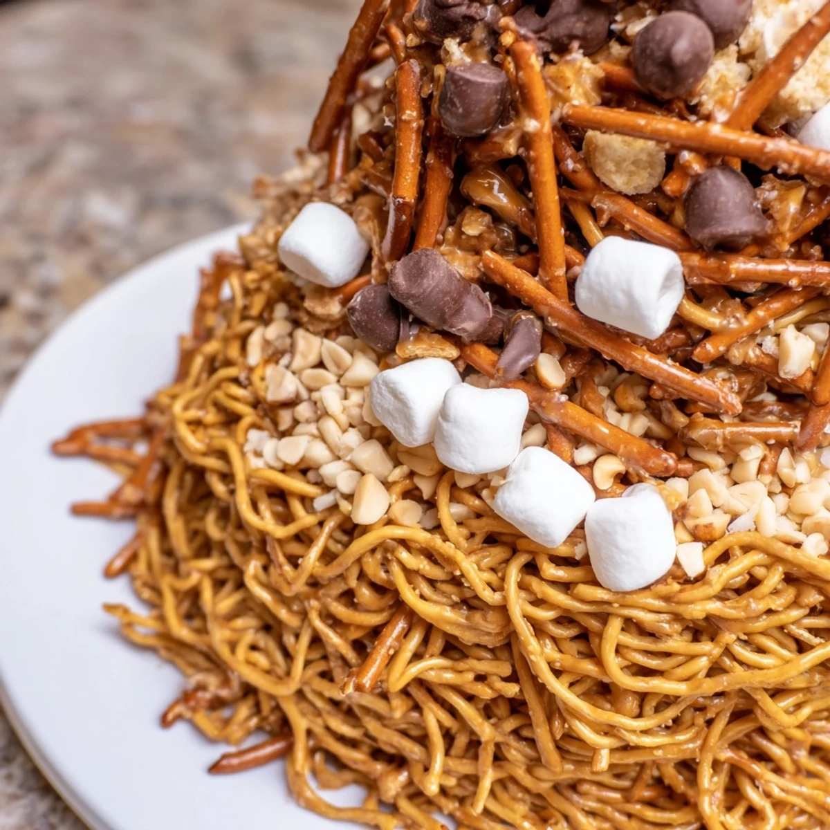 Haystack Candy Tower, a whimsical treat, layered with crunchy chow mein noodles and chocolate sweetness.