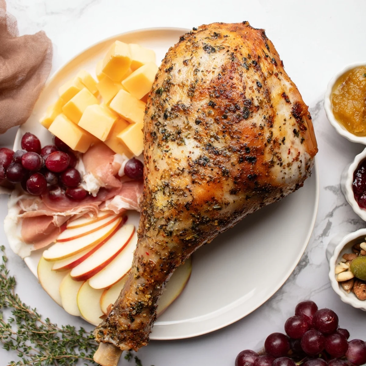 A close-up of a Thanksgiving Turkey Legs Charcuterie board, brimming with savory meats and festive sides.