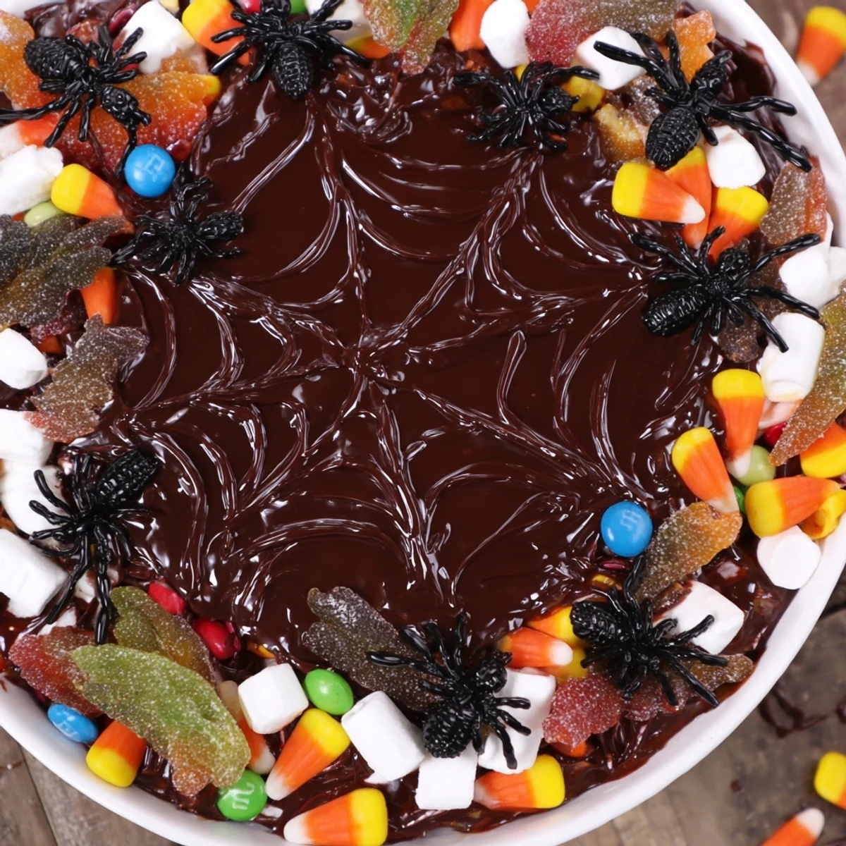 Festive spiderweb candy platter featuring edible treats and a detailed dark chocolate web design.