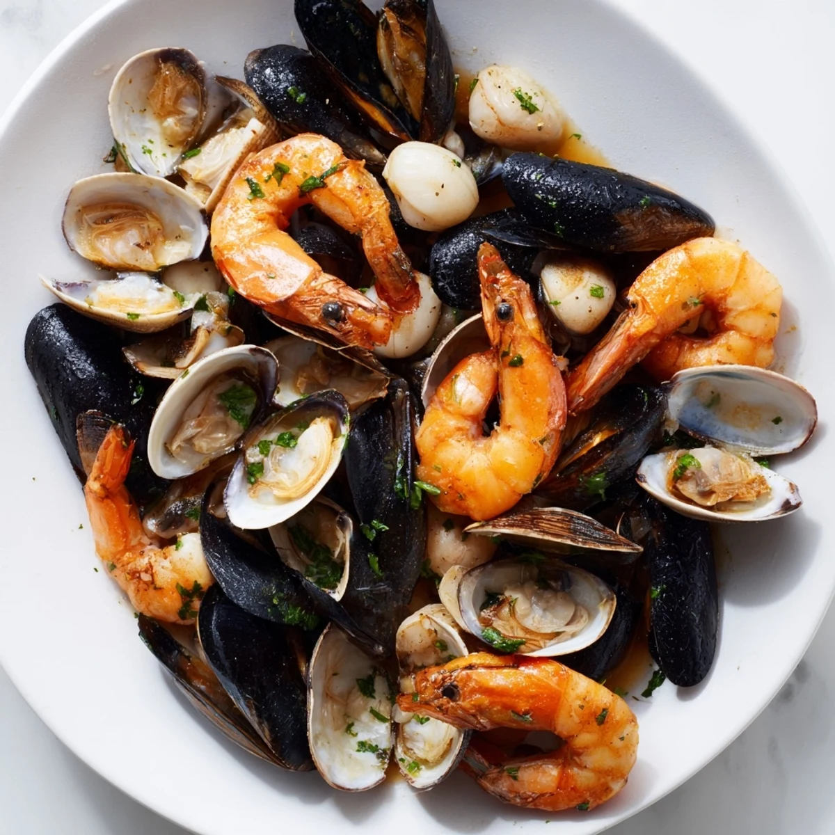 Steaming Shellfish & Seafood Medley, a flavorful French dish, served with lemon wedges and fresh parsley.