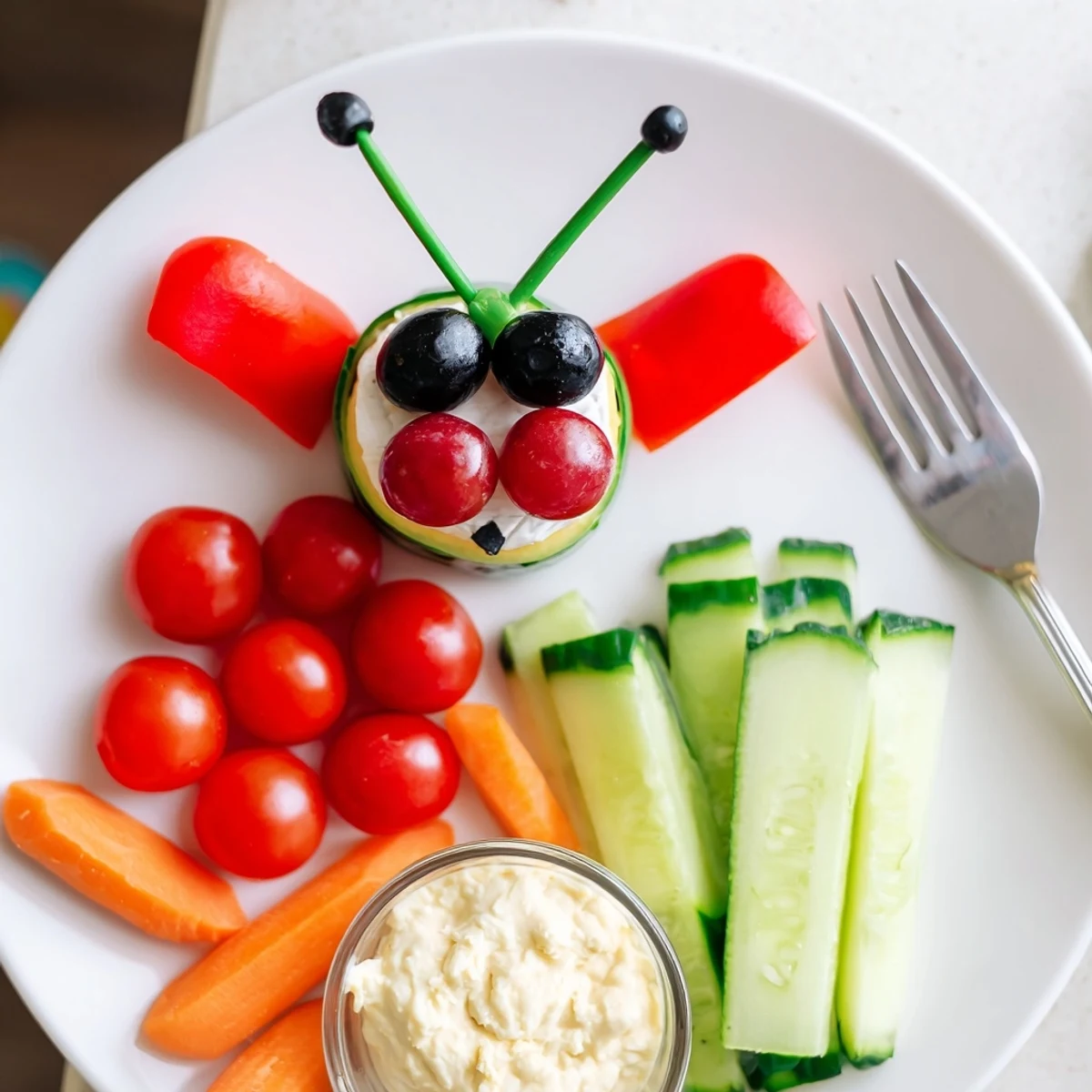 Coccinelle Amusante Planche Pique-Nique: vibrant ladybug-themed picnic platter with colorful veggies and creamy dips perfect for sharing.