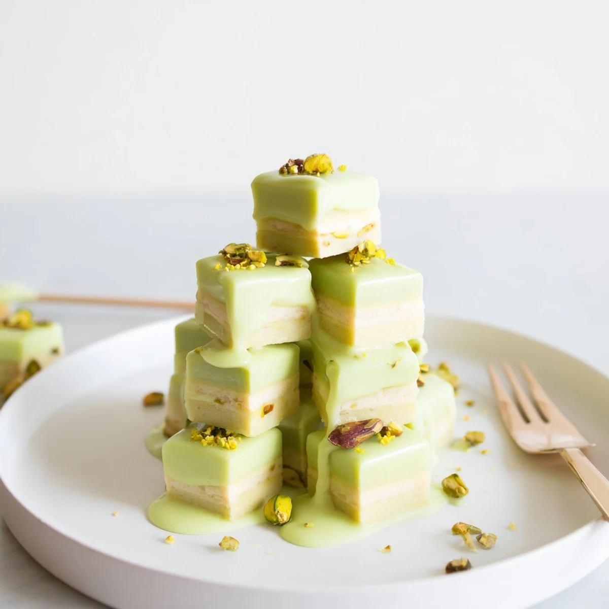 Imagine the layers of almond sponge, pistachio cream and glaze in these Grenouille Royale Petits Fours.