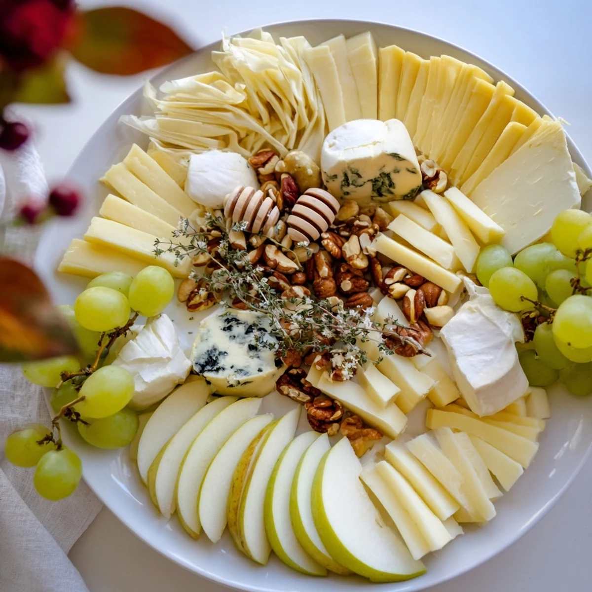 A visually stunning Honeycomb, Honey & Cheese Board with fresh fruit, nuts, and floral honey drizzled.