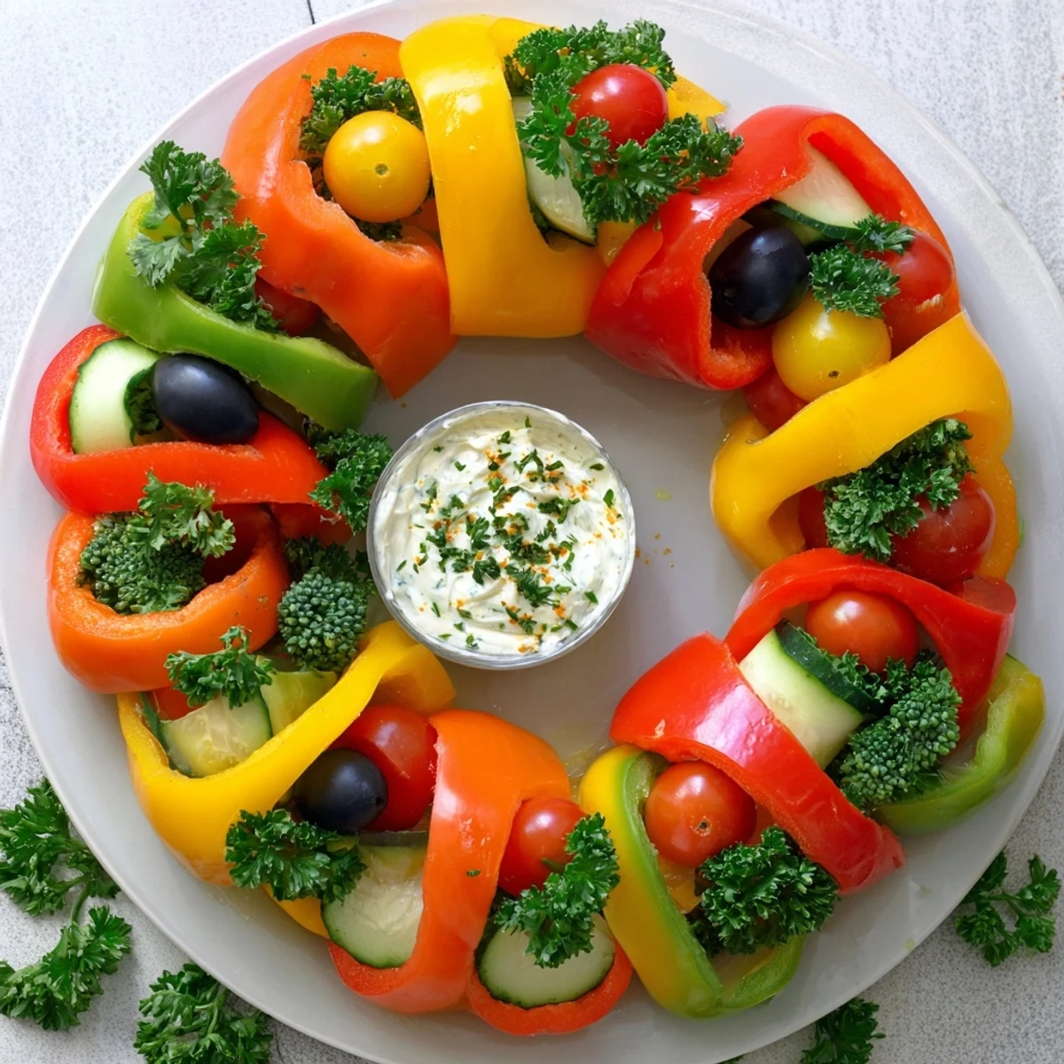 Vibrant Festive Bell Pepper Wreath appetizer, bursting with colorful vegetables ready for dipping.