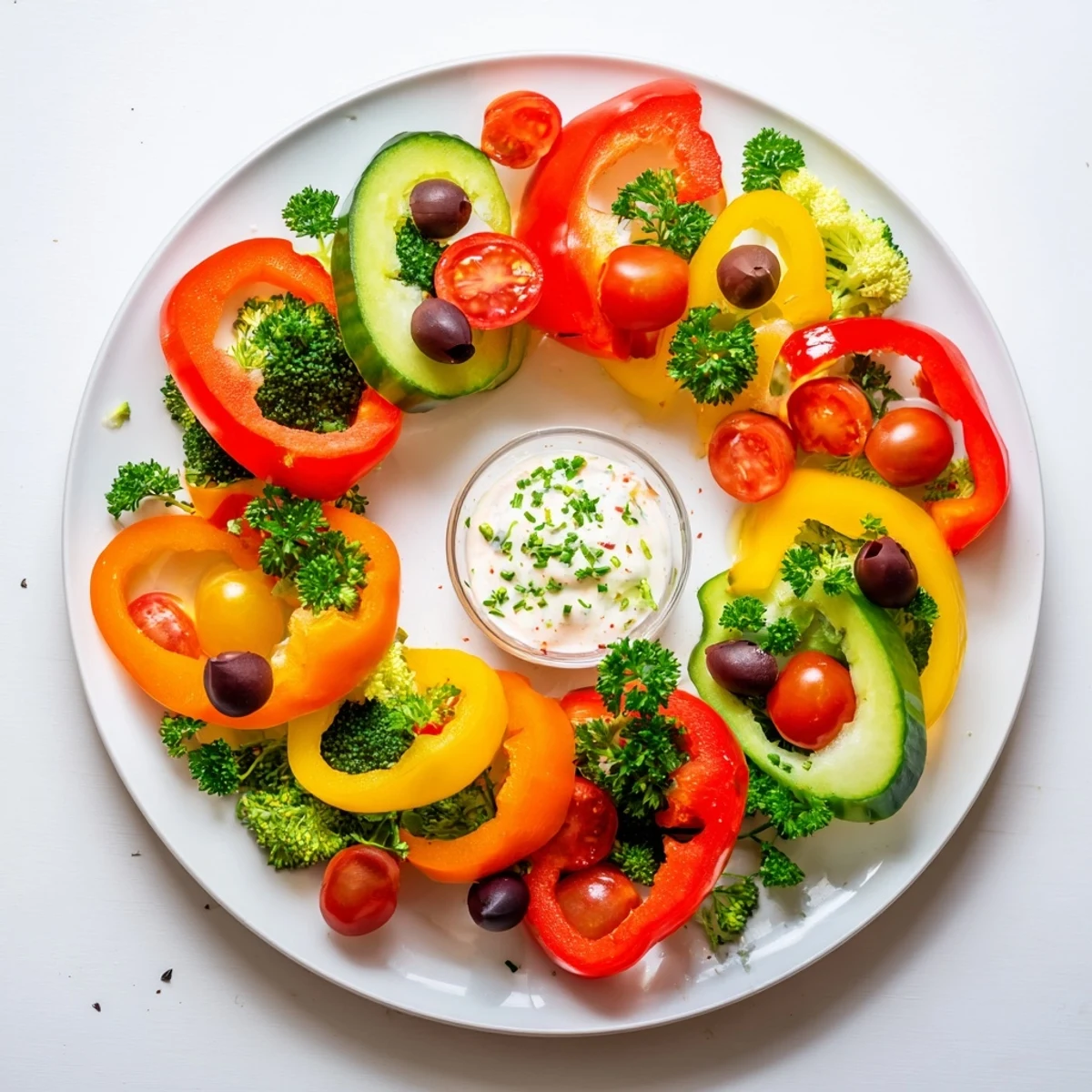 Close-up of a delicious Festive Bell Pepper Wreath, showcasing colorful bell peppers ready to serve.