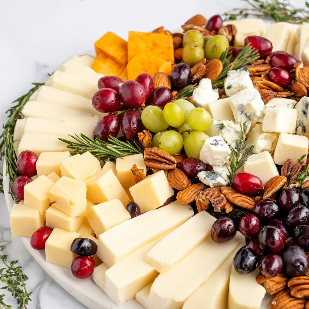 Festive Holiday Wreath Cheese Ring featuring a colorful array of cheeses, fruits, and garnishes, perfect for a gathering.