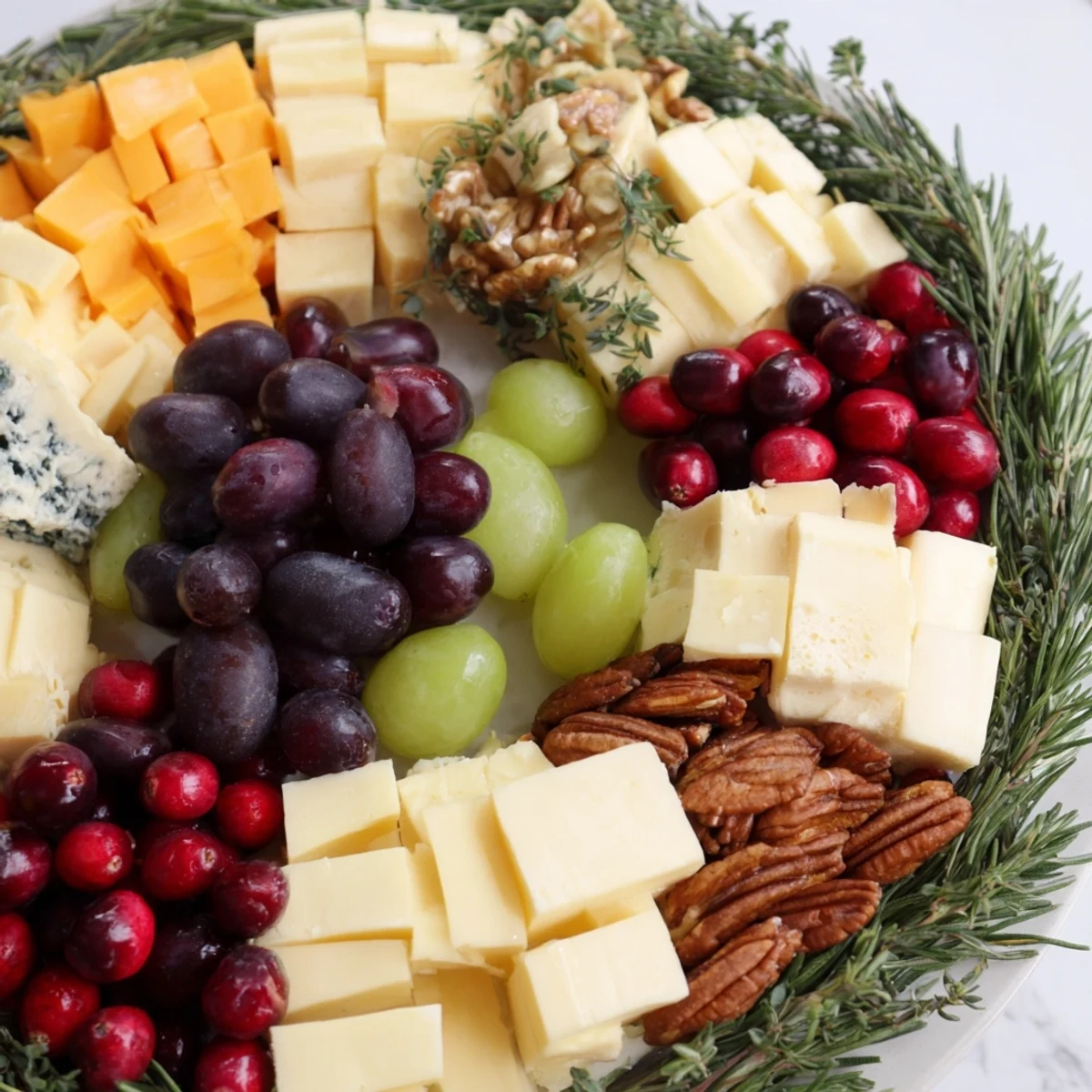 A delicious Holiday Wreath Cheese Ring displays a variety of cheeses and fresh fruit arranged beautifully on a platter.
