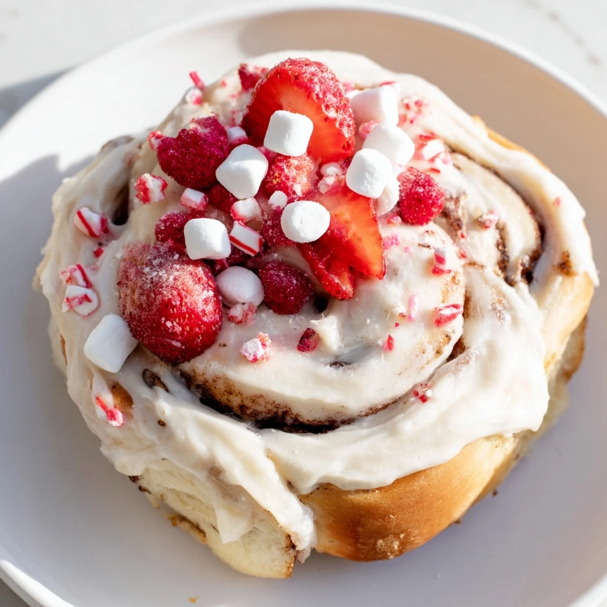 Festively arranged North Pole Cinnamon Roll Board, showcasing soft rolls, berries, and mint sprigs for brunch.
