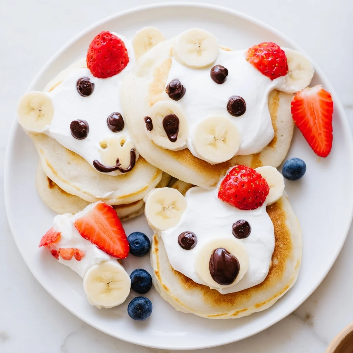 A whimsical Polar Bear Pancake Stack visually delights with pancakes, fruit, and toppings for a fun brunch.