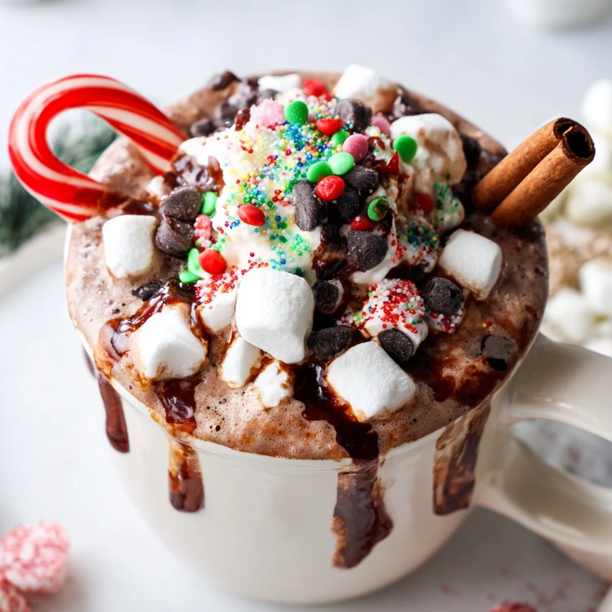 Steaming Reindeer Hot Cocoa Bar, ready to serve with marshmallows, whipped cream, and sprinkles.