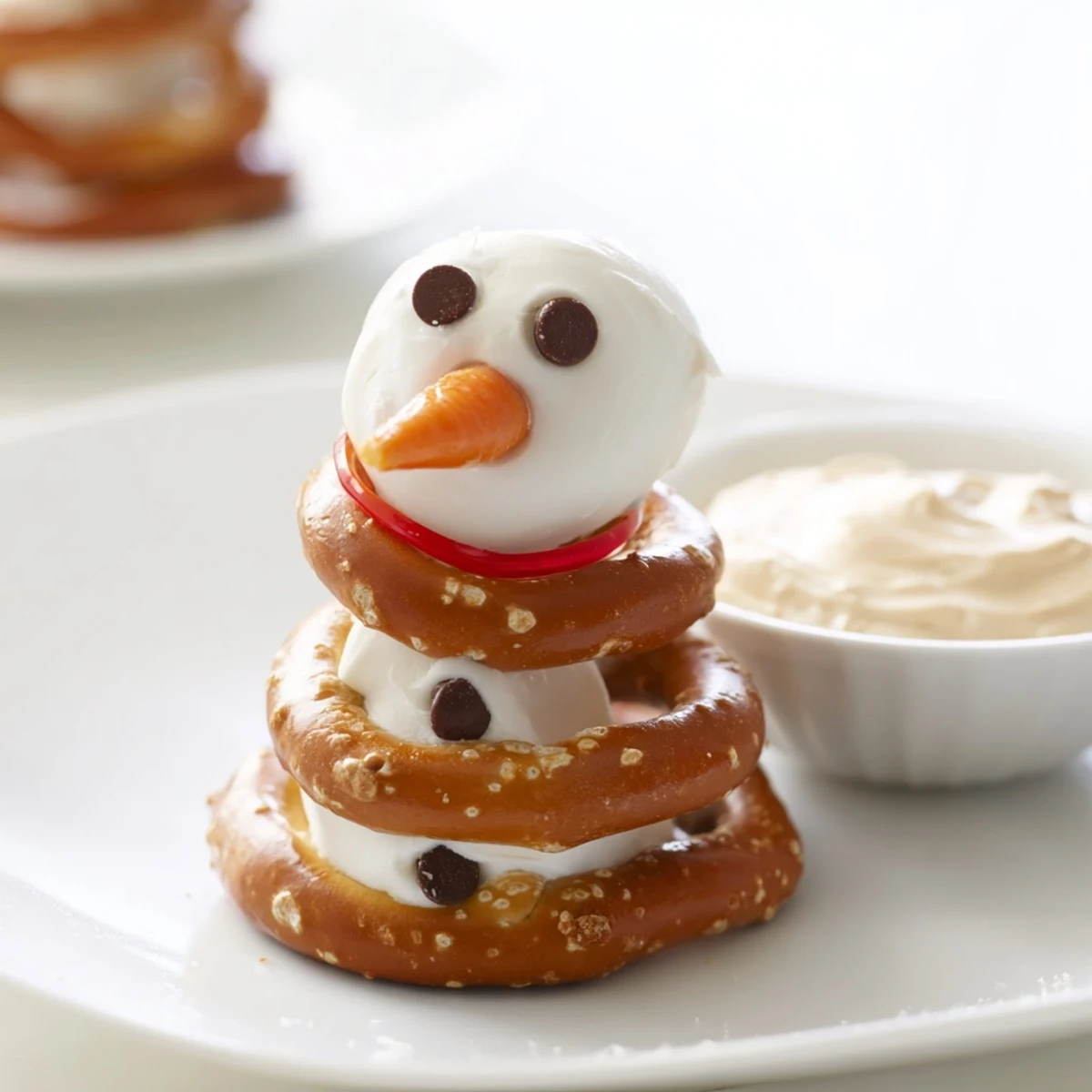 Arrangement of snowman pretzels and dip platter ready for a tasty, easy snack or holiday appetizer.