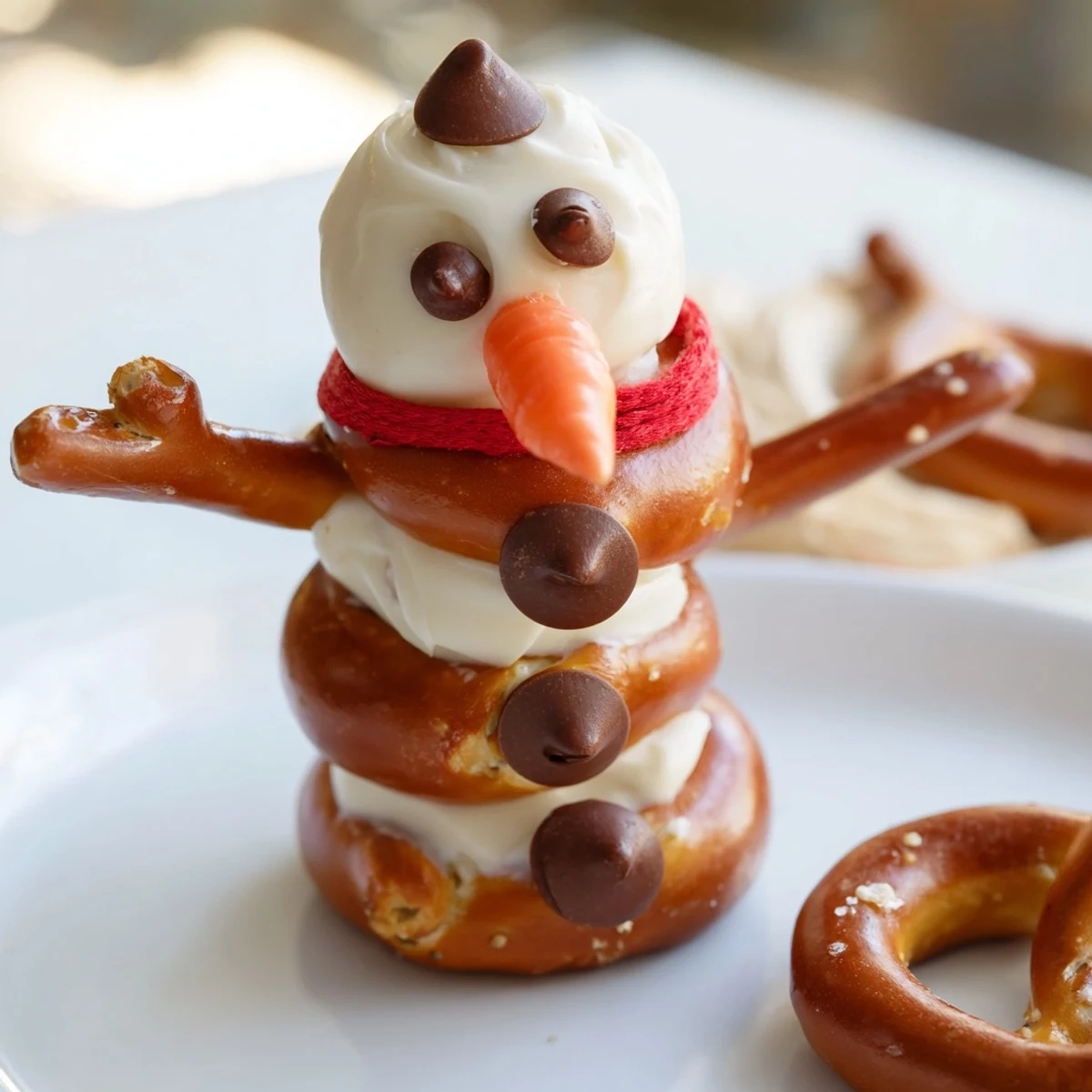 Festive snowman pretzel and dip platter: mini pretzel snowmen with creamy dips, ready to serve!