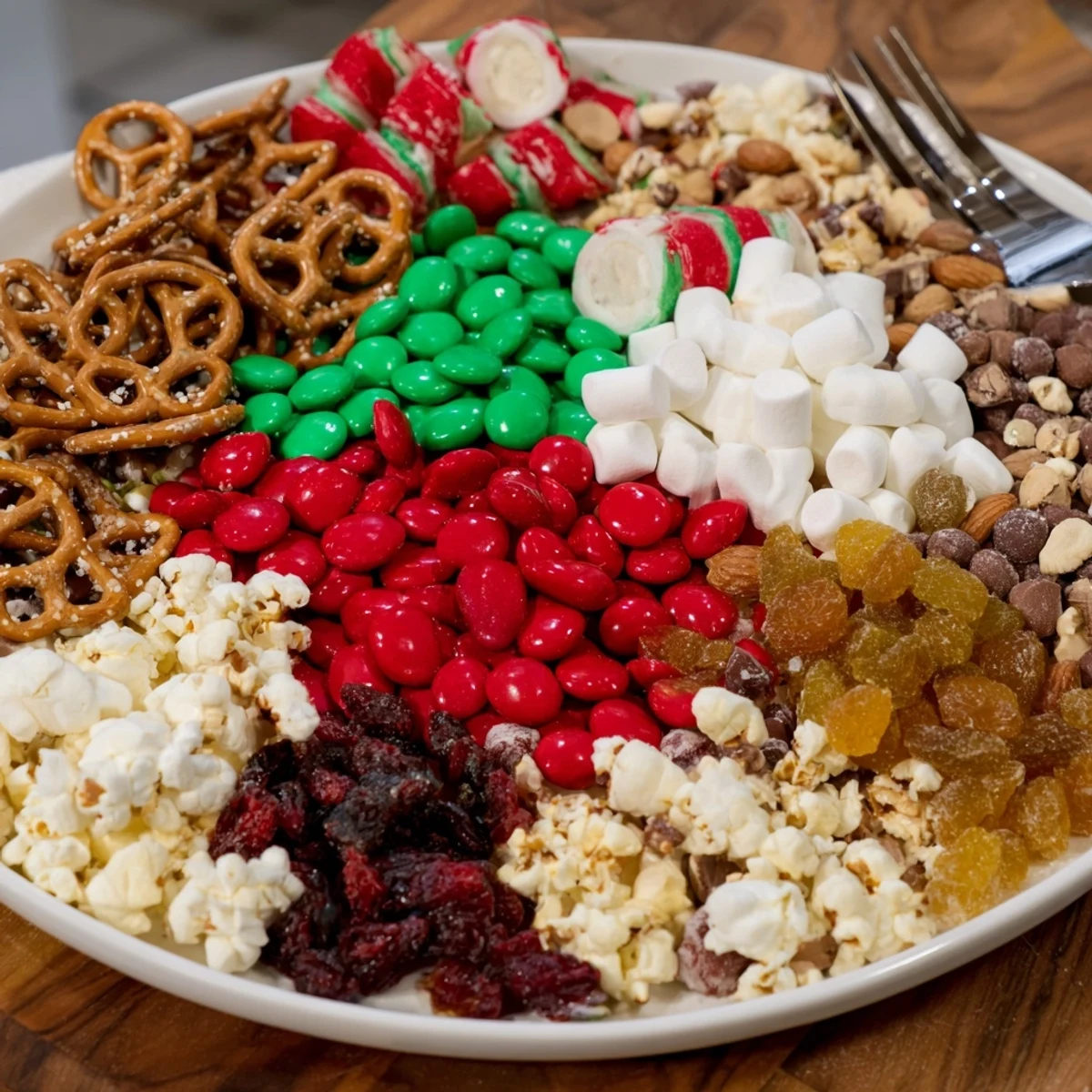 Festive Elf Snack Trail Mix board overflowing with colorful candies and crunchy pretzels for snacking.