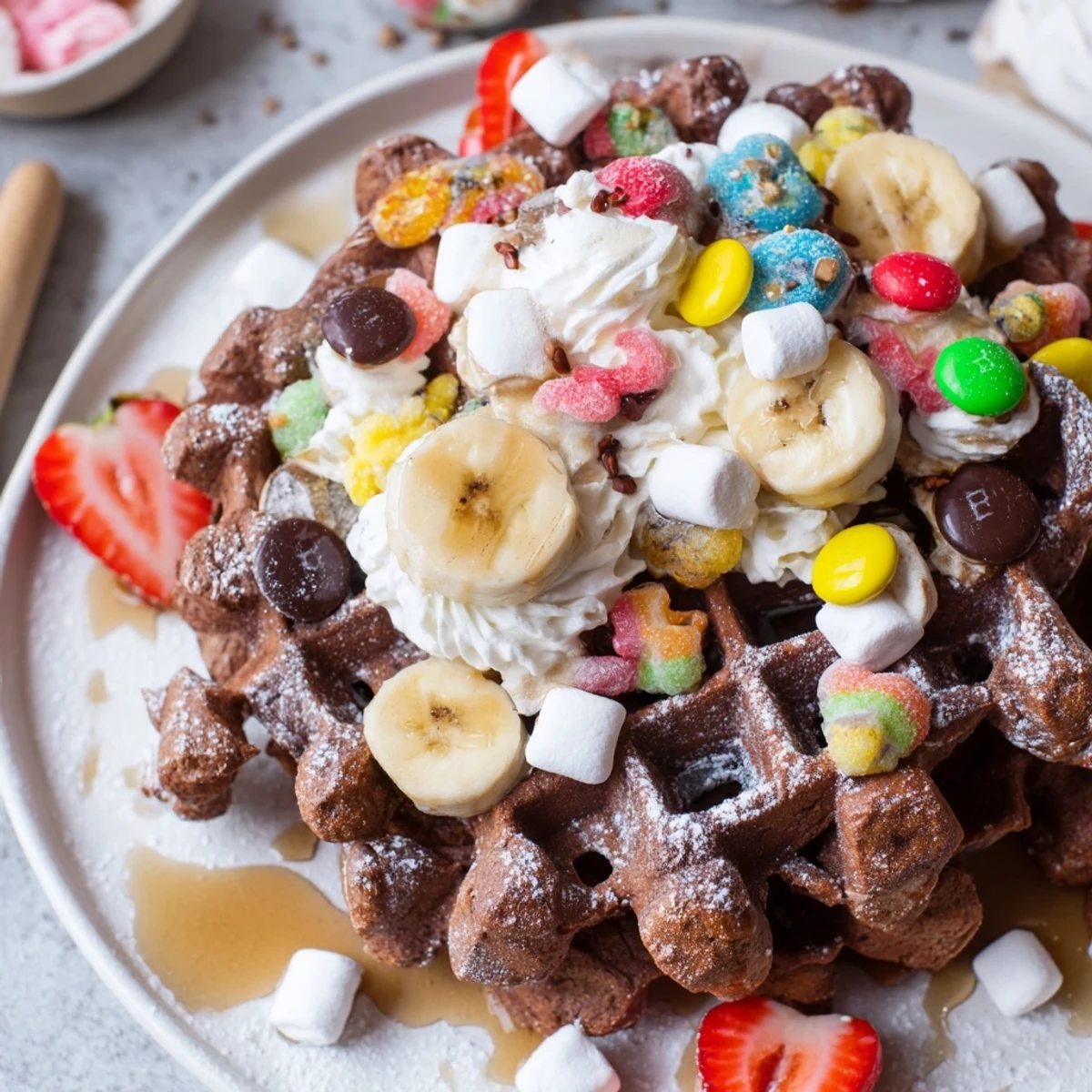 Festive Gingerbread House Waffle Bar with a variety of toppings, ready for a fun breakfast.