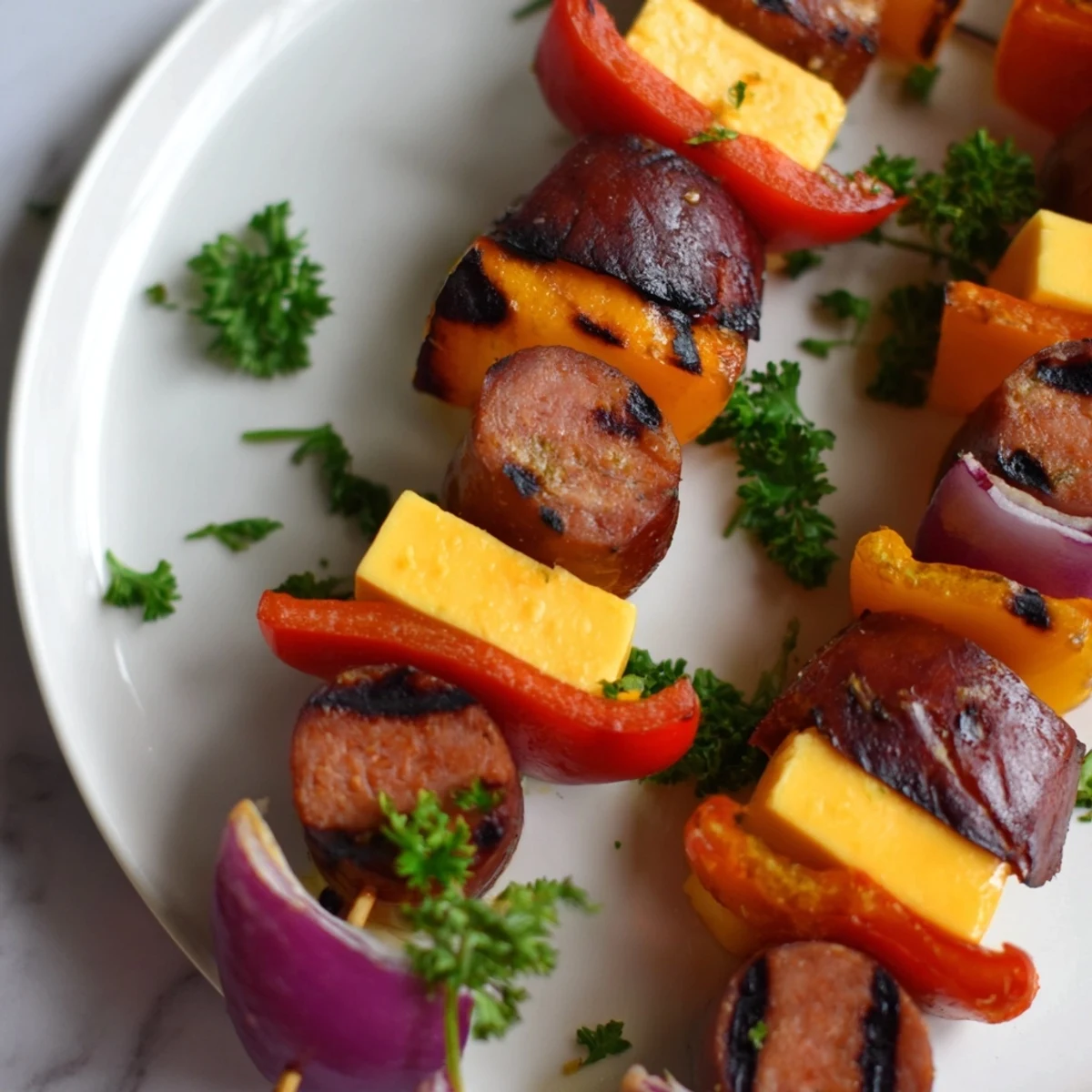 Beautiful arrangement of Savory Skewers: Chimney Stack Sausage and Cheese, a gluten-free appetizer perfect for sharing.