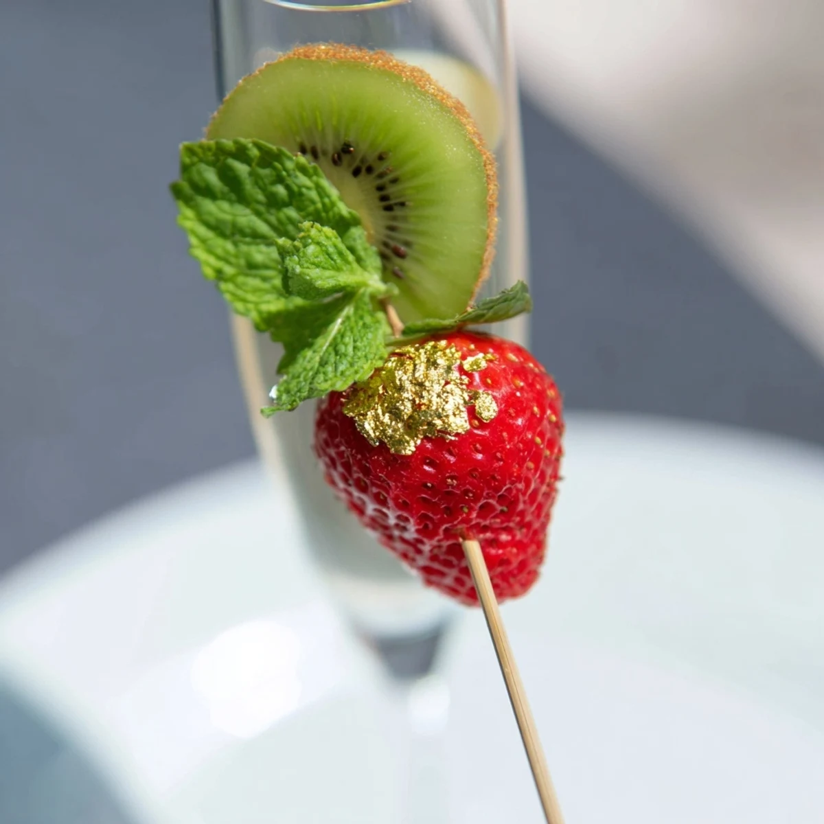 Champagne flute fruit garnishes for New Years: Fresh strawberries, kiwi, and pineapple creating a colorful party.