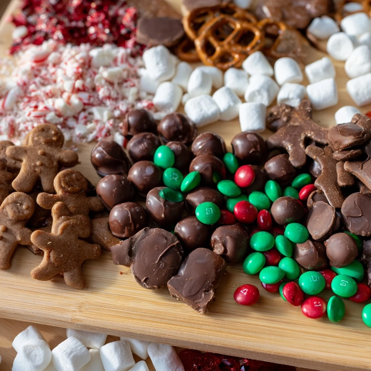 A vibrant Santa's Sack Candy Avalanche overflowing with chocolates, pretzels, and holiday treats for a party.